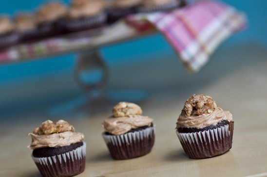 Mini Cinnamon Chocolate Cupcakes w/ Spiced Buttercream and Candied Maple Walnuts 
