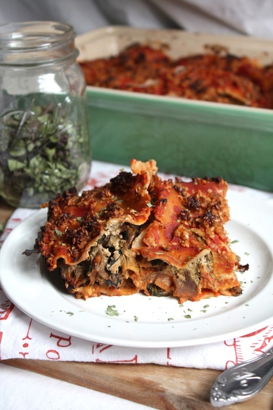 Spinach & Wild Mushroom Lasagna with Basil Almond Cream