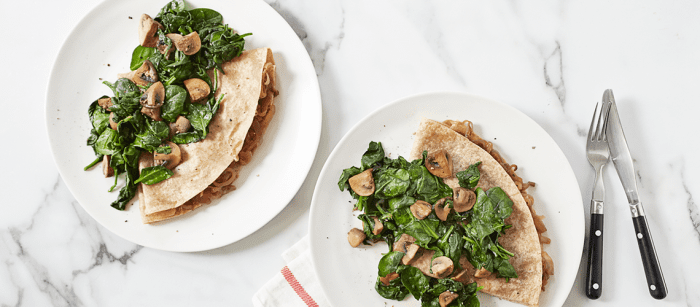 Caramelized Onion Crepes with Warm Spinach-Mushroom Salad