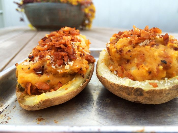 “Cheesy” Twice-Baked Potatoes w/ “Bacon” Bits