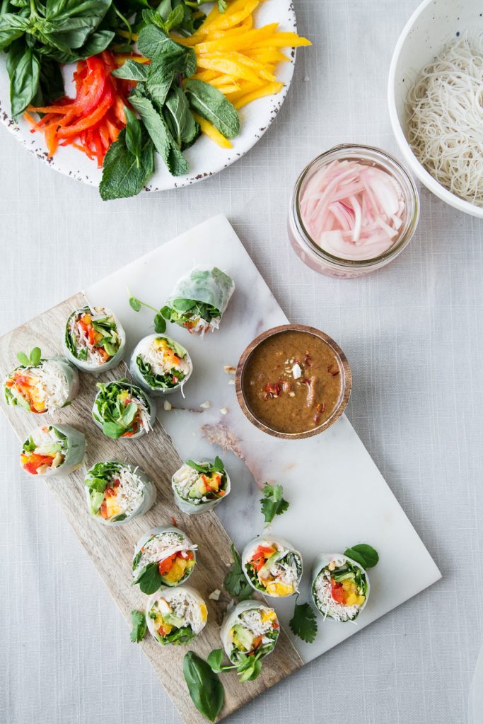 Mango Spring Rolls with Spicy Almond Butter Sauce