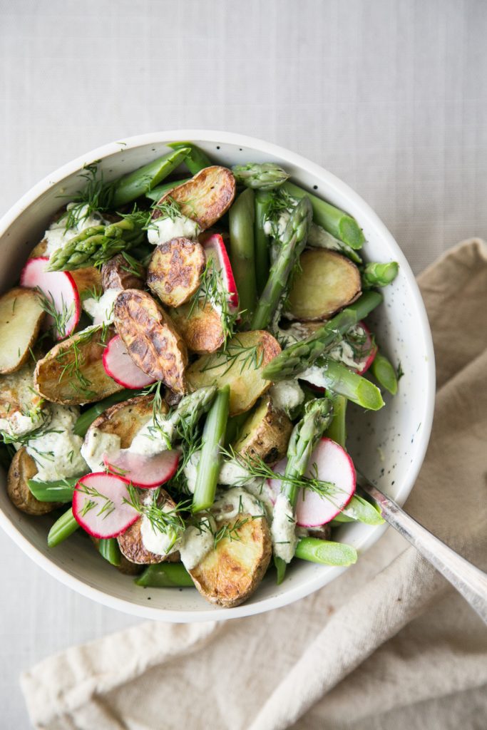 Potato and Asparagus Salad with Pickled Radishes and Creamy Dill Sauce