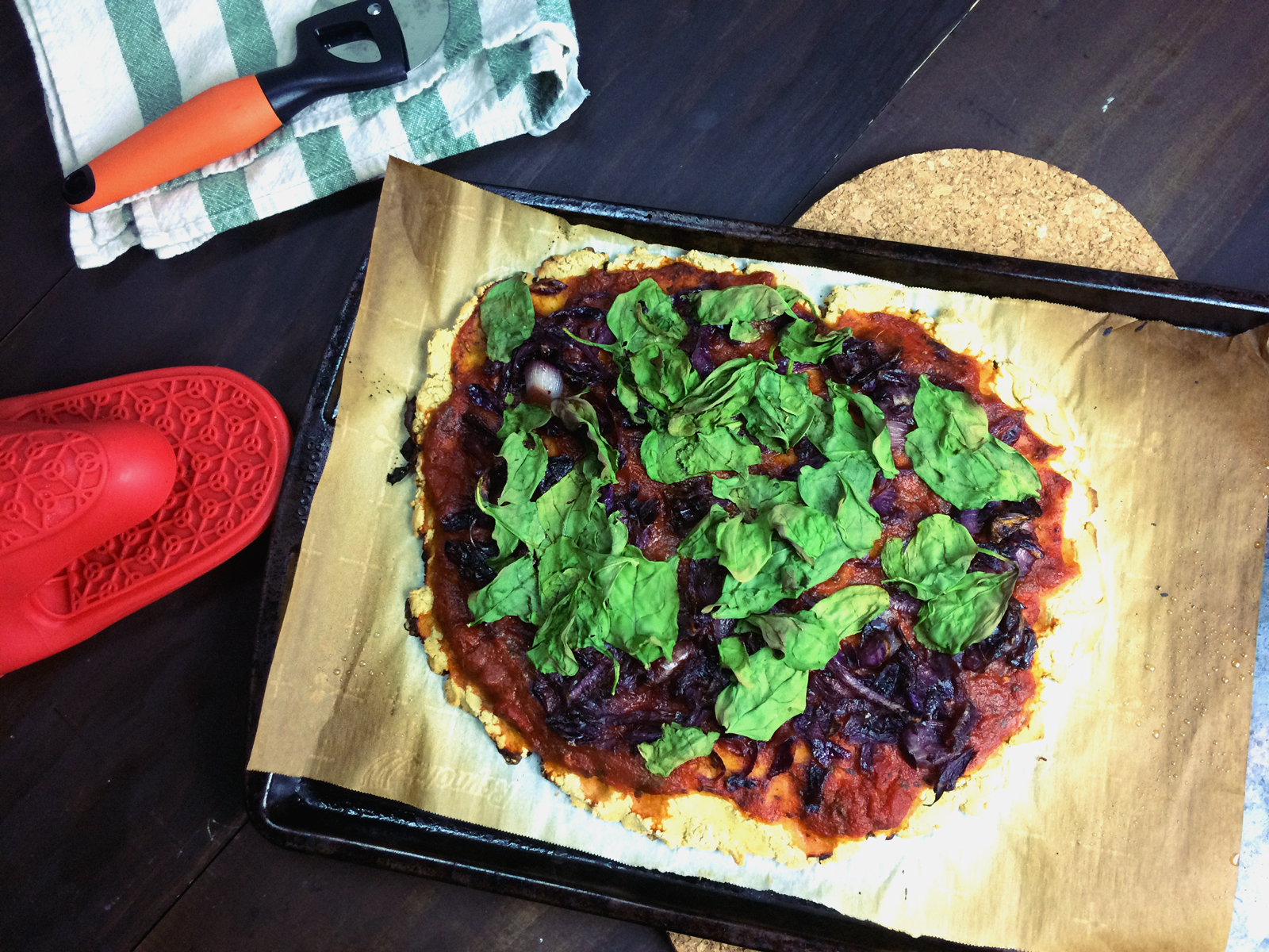Gluten Free Masa Flatbread w/ Spinach, Caramelized Onions & Red Cabbage