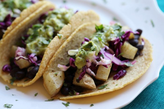 Black Bean & Potato Tacos with Guacaverde and Quick Pickled Cilantro-Lime Slaw