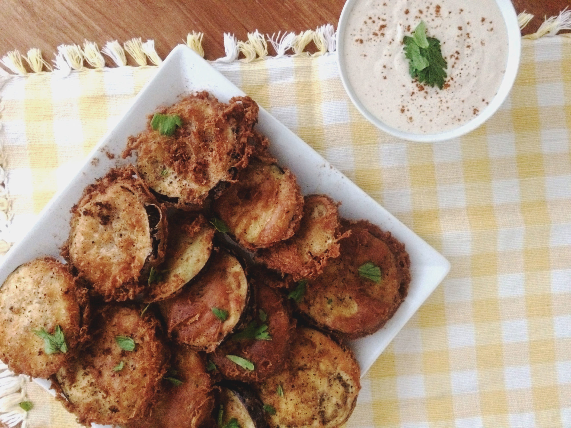 Cajun Battered Fried Eggplant with Cool Tangy Dip