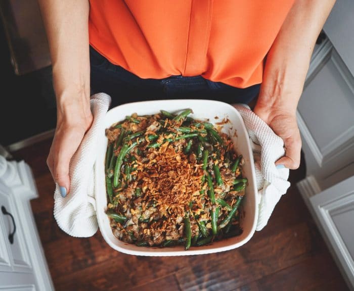 a large servings of vegan green bean casserole freshly taken out of the oven
