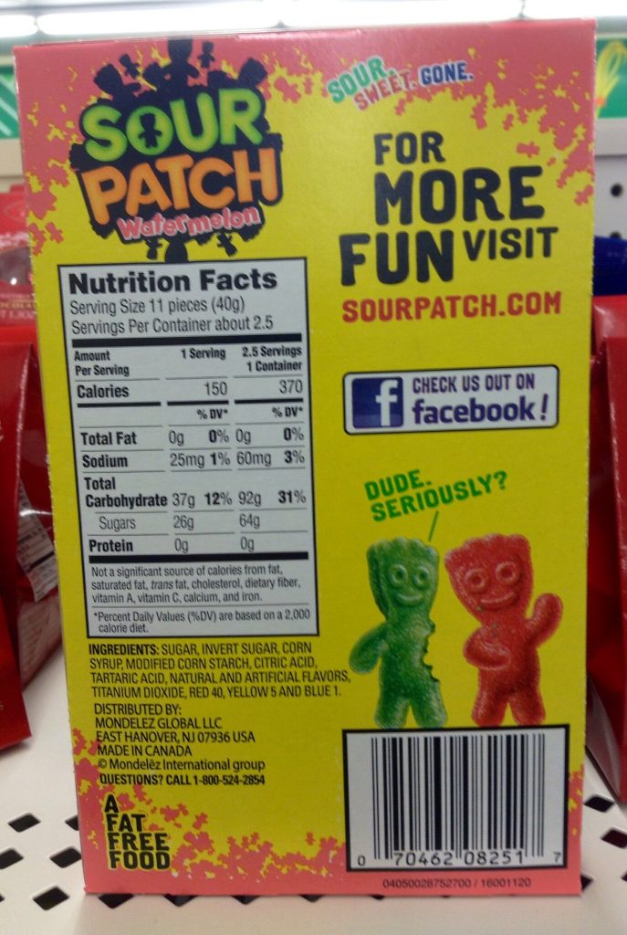 The back of a bag of sour patch kids candy